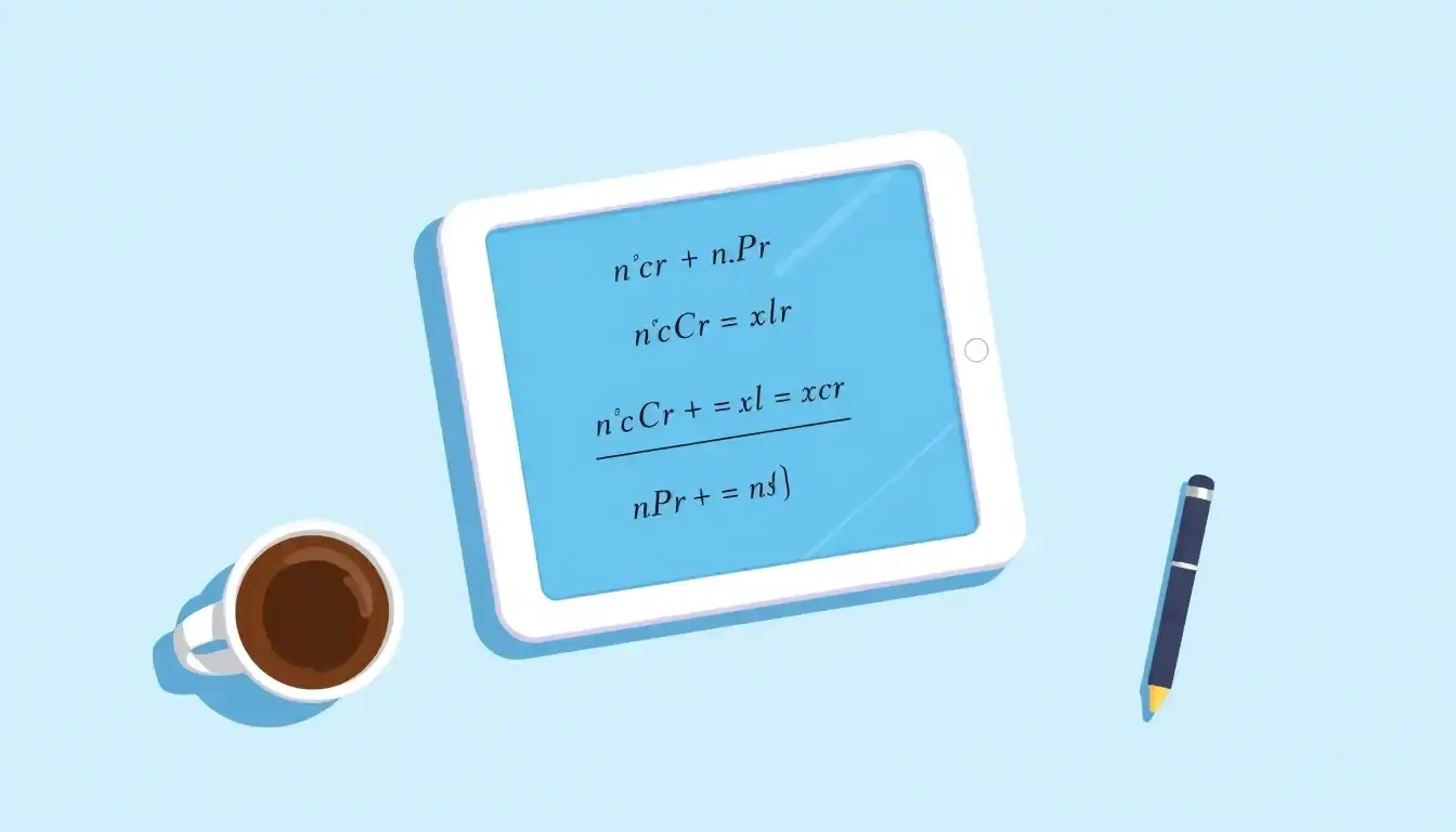 Tablet screen showing combinatorics formulas on a modern desk setup.