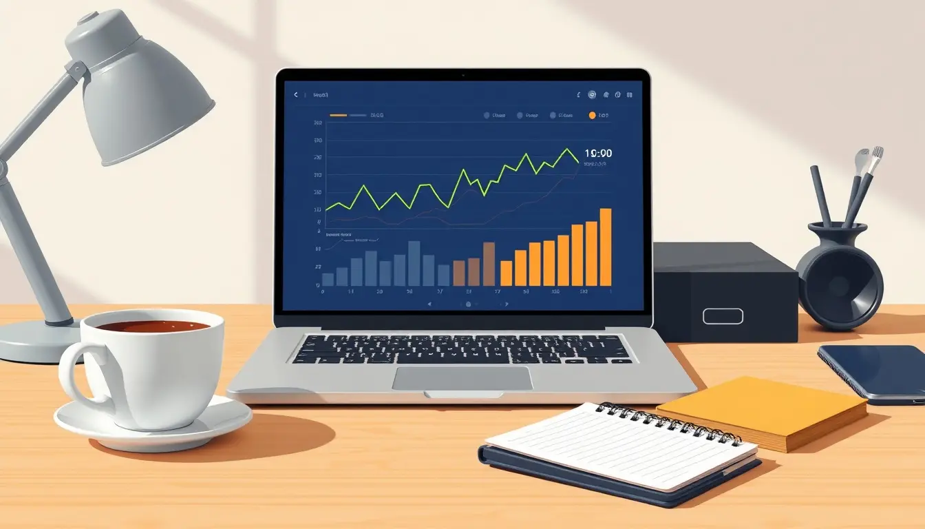 Laptop screen with financial charts for calcolo netto stipendio on a clean desk.