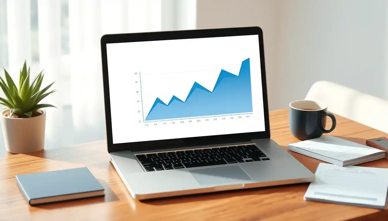 Grafico finanziario su laptop per il calcolo rate mutuo in ufficio moderno.