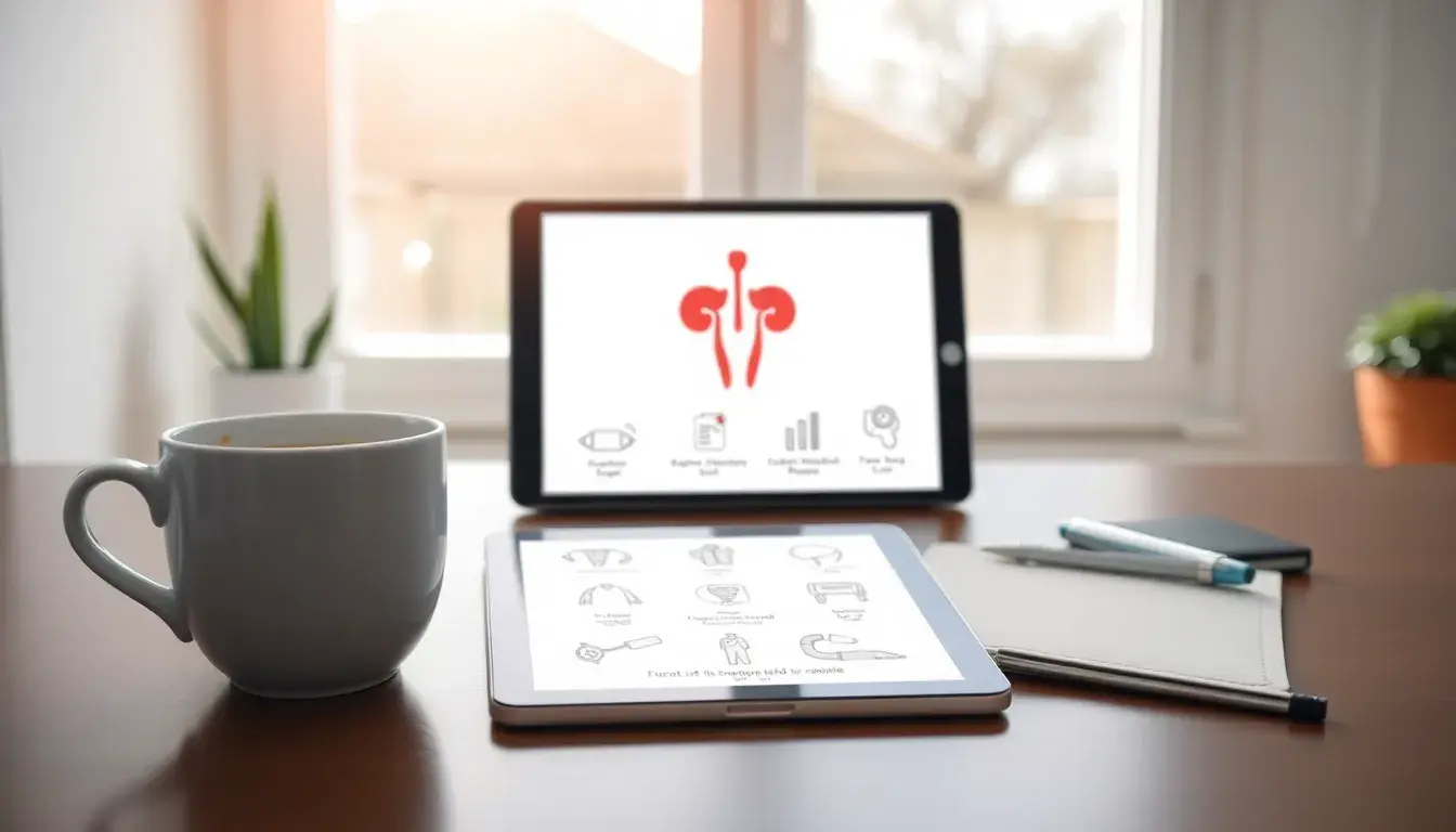 Tablet su una scrivania che mostra grafici sulla salute e il calcolo renale
