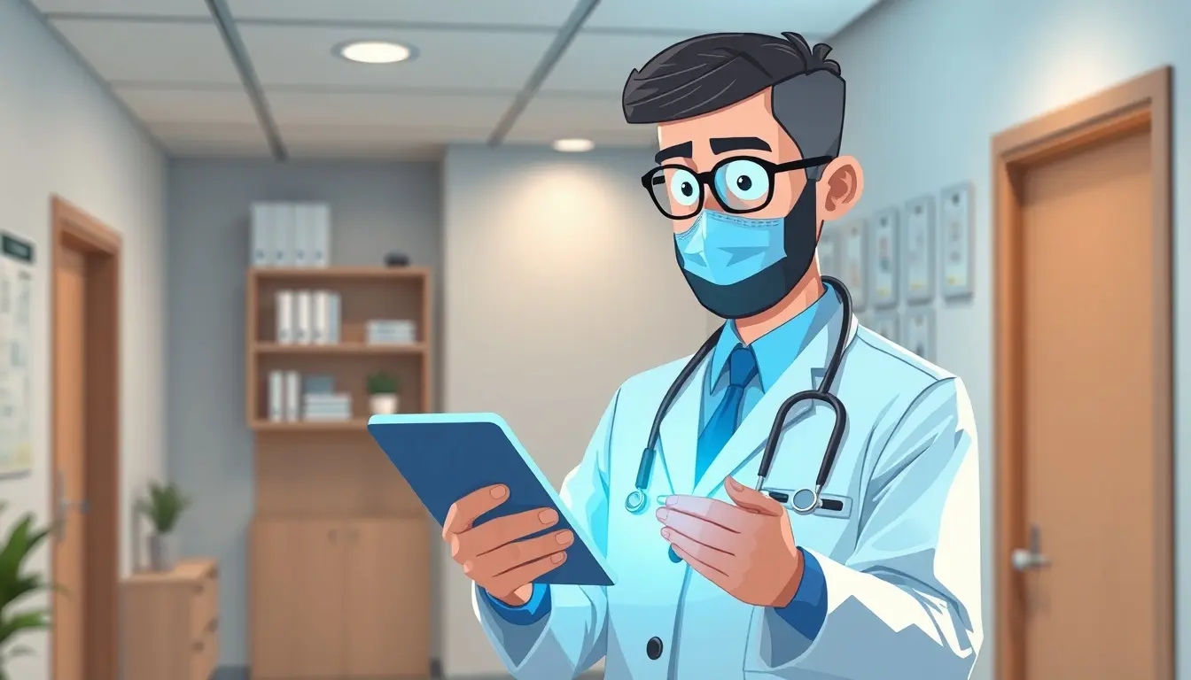 Dottore che visualizza risultati medici su un tablet in ufficio moderno