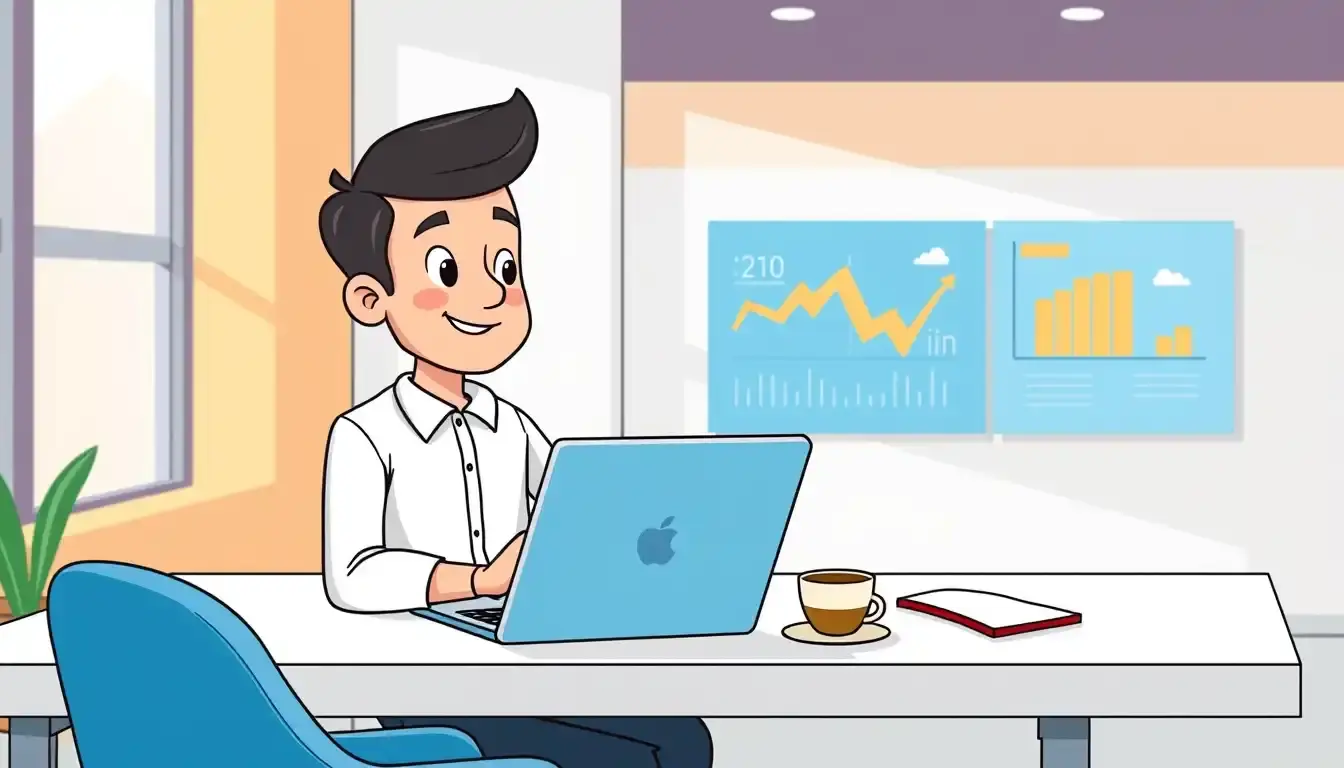 Persona in ufficio moderno che controlla il calcolo stipendio netto da RAL sul laptop