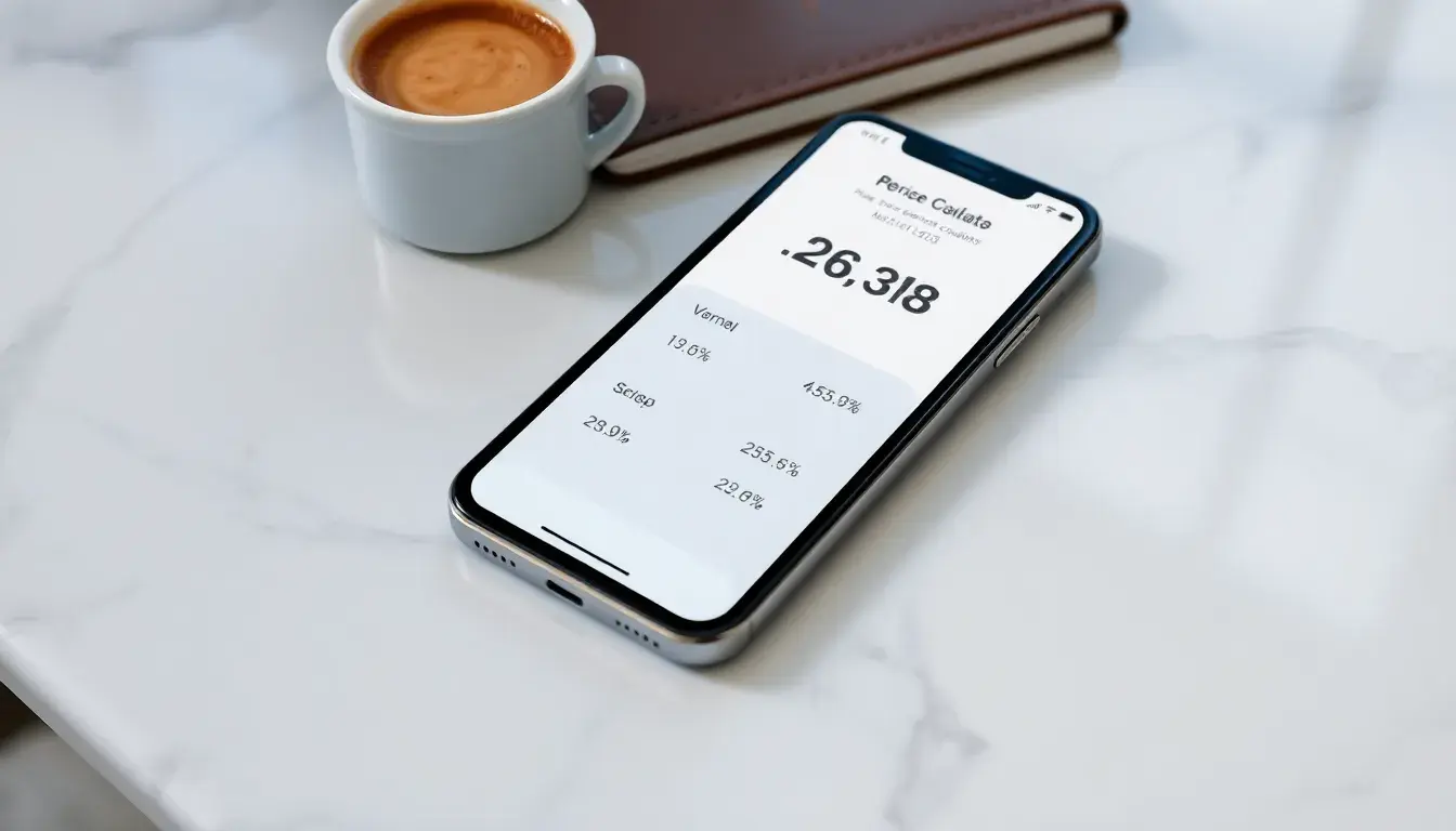 Smartphone che mostra un calcolo percentuale su una scrivania elegante
