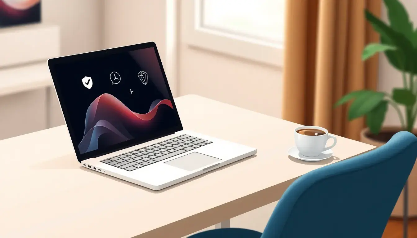 Schermo laptop che mostra dati statistici e simboli di percentuali in un ufficio moderno.