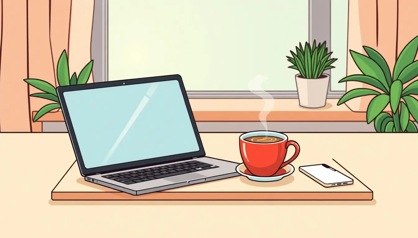 Laptop su scrivania con interfaccia per il calcolo percentuali e caffè