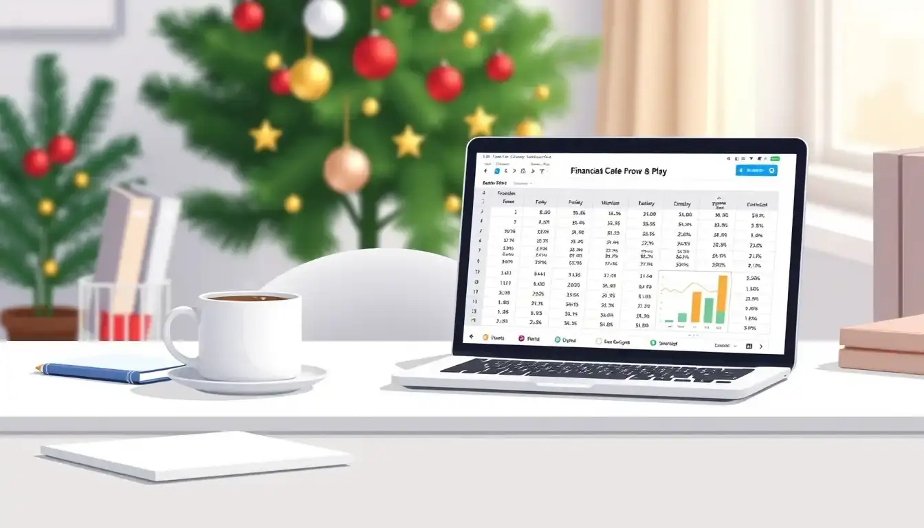 Laptop su scrivania professionale con calcolo tredicesima e decorazioni natalizie.