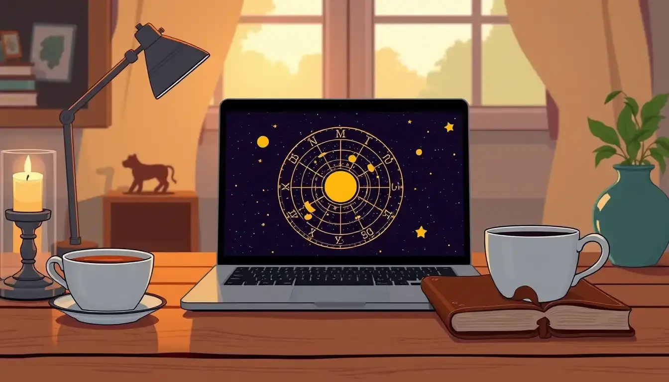 Laptop che mostra una mappa celeste per il calcolo ascendenti zodiacali su una scrivania accogliente.