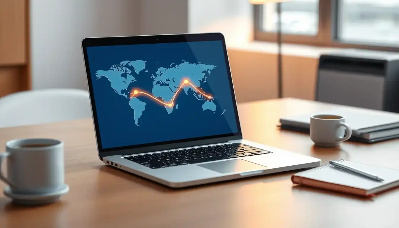 Schermo di un laptop che mostra una mappa digitale con punti collegati per il calcolo distanza km.