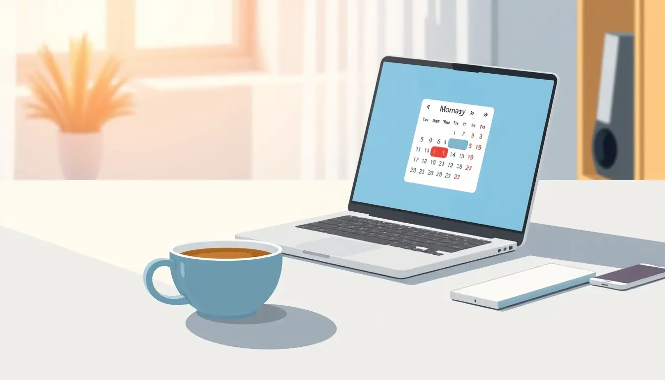 Laptop che mostra un calendario digitale su una scrivania moderna per calcola giorni da una data.