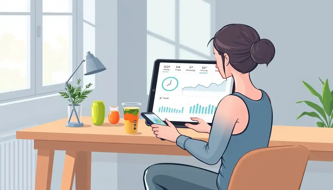 Dashboard digitale su tablet che mostra metriche per calcola il peso ideale in un ambiente moderno.