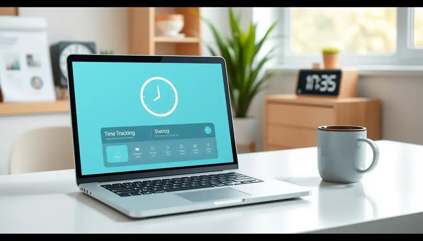 Laptop screen showing a clean calcola ore interface on a modern desk.