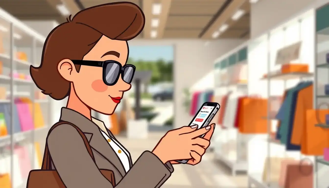 Persona che usa uno smartphone per calcola sconto in un negozio moderno.