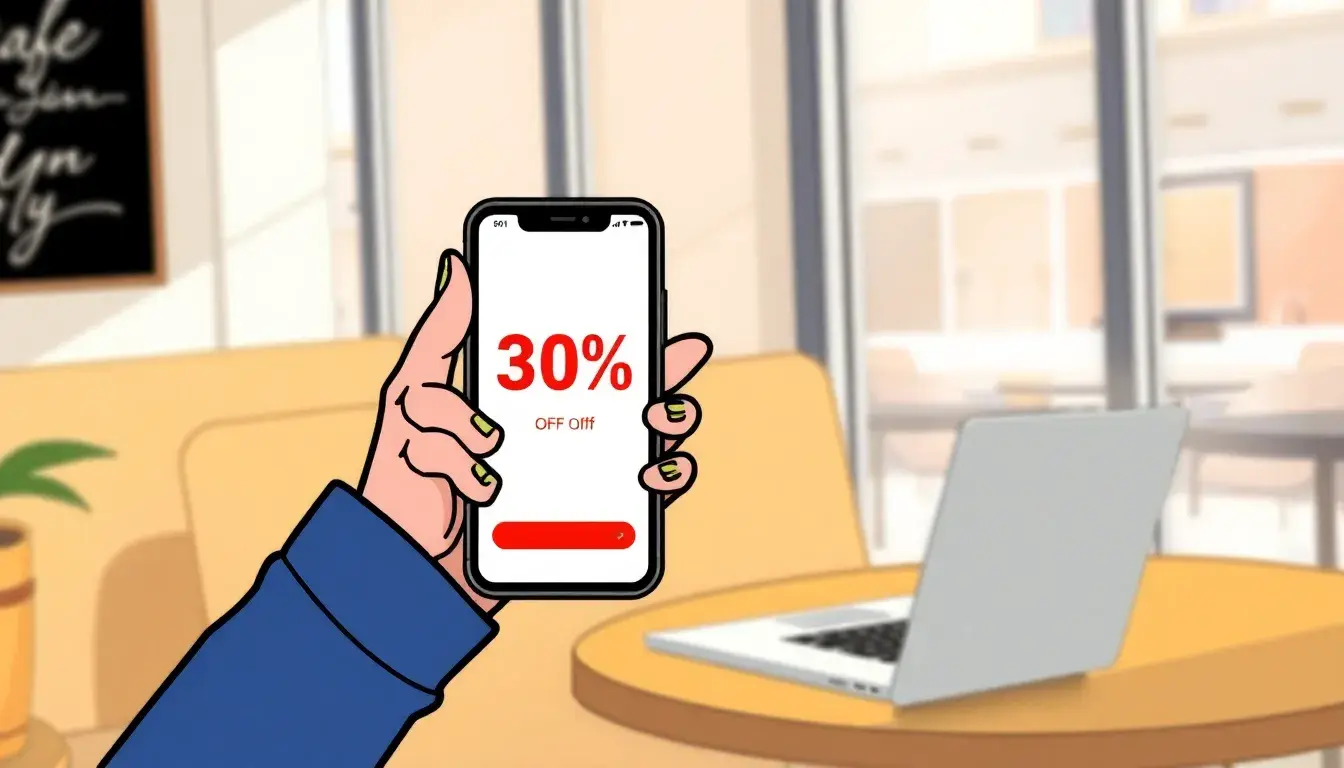 Smartphone screen showing a 30 percent discount calculation next to a coffee cup.