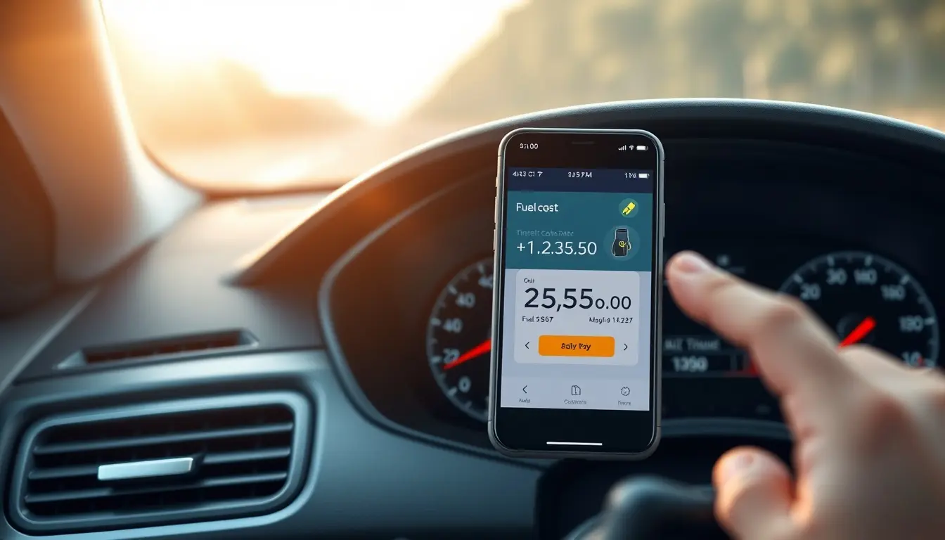 Interfaccia digitale di un calcolatore benzina visualizzata su uno smartphone in un'auto