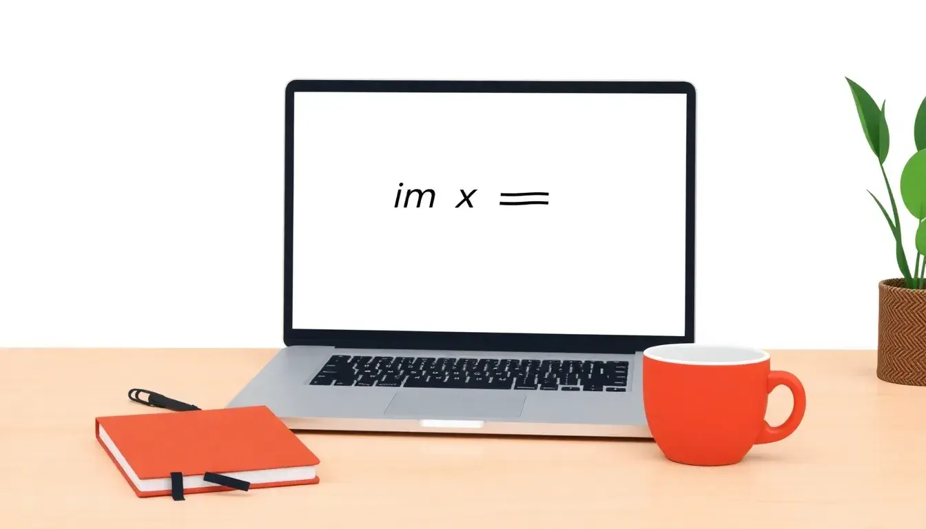 Laptop displaying a mathematical limit function on a clean desk with coffee.