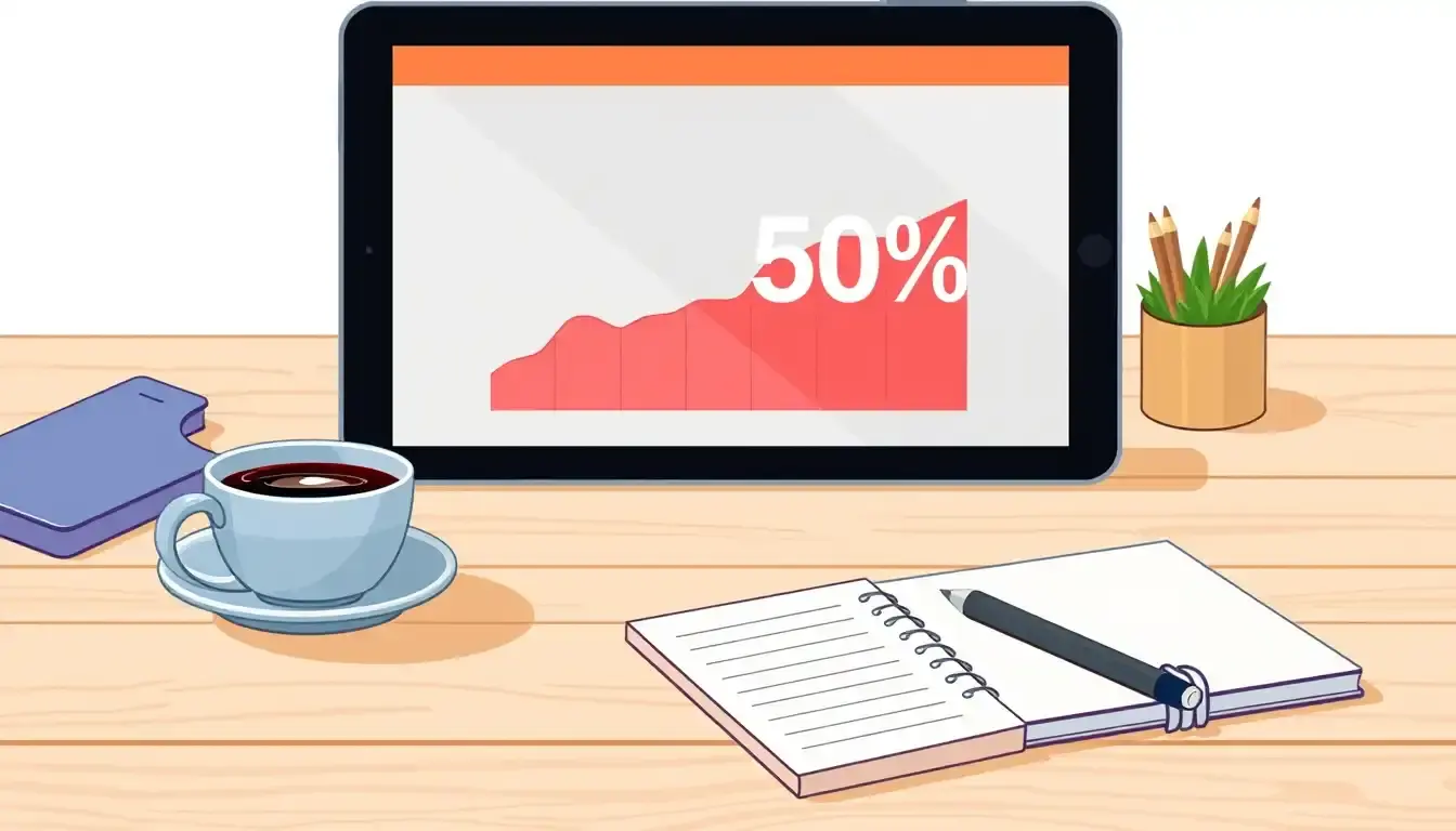 Tablet su una scrivania che mostra l'interfaccia di un calcolatore percentuale moderno.
