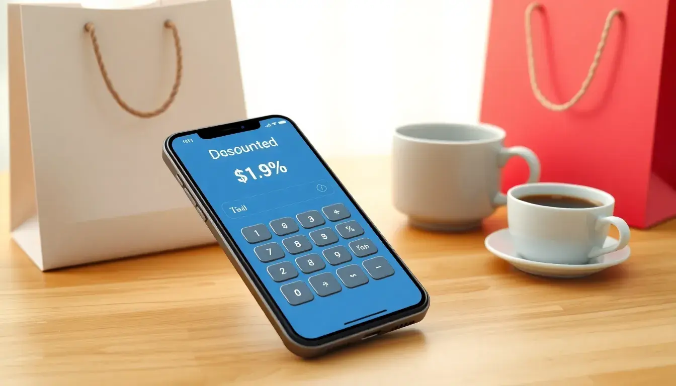 Smartphone che mostra un calcolatore sconto moderno su una scrivania con caffè