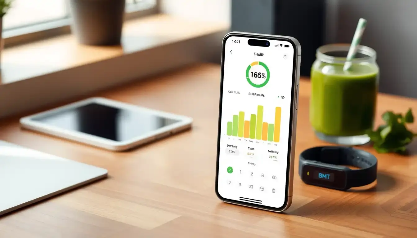 Smartphone con grafico di calcolo bmi online su una scrivania moderna accanto a uno smartwatch.