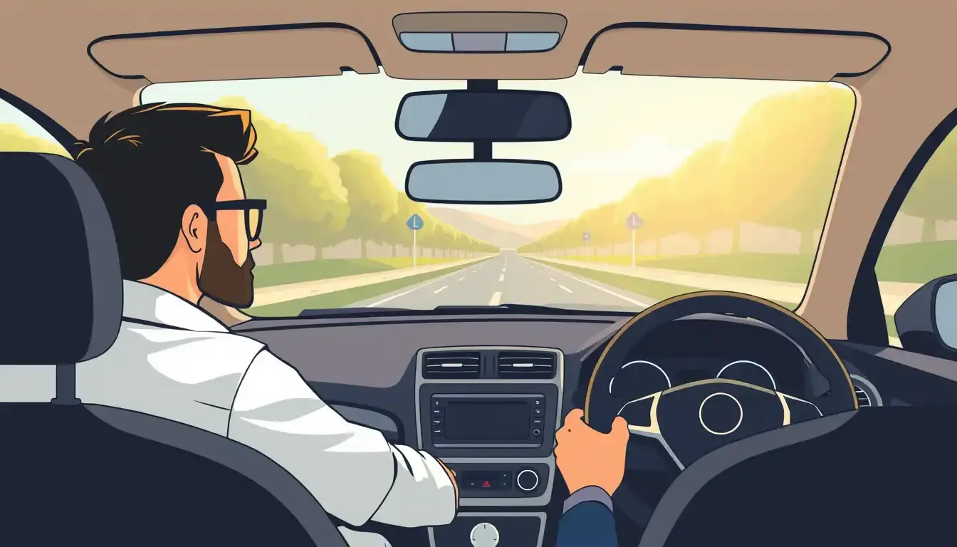 Interno auto moderna con visuale sulla strada per il calcolo distanza di sicurezza.
