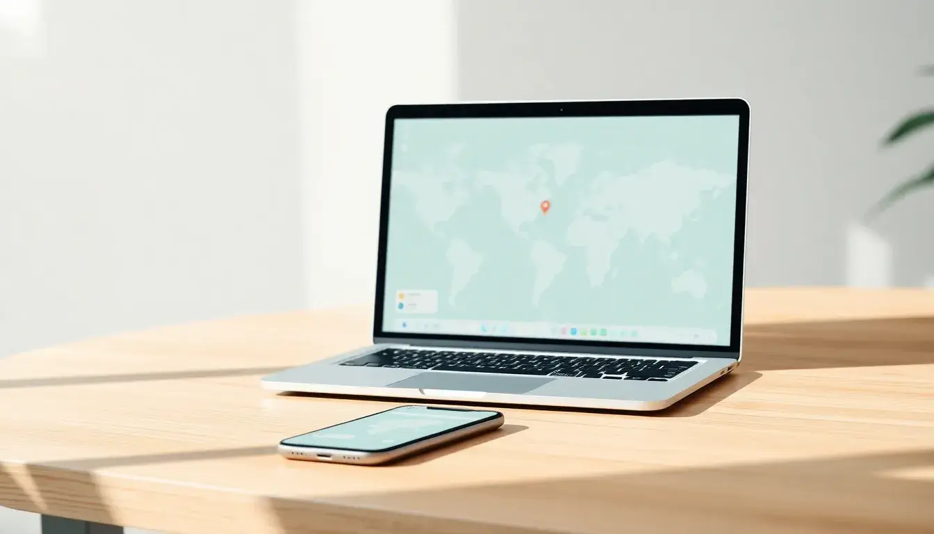 Laptop su scrivania moderna che mostra un'interfaccia di calcolo distanza km digitale.