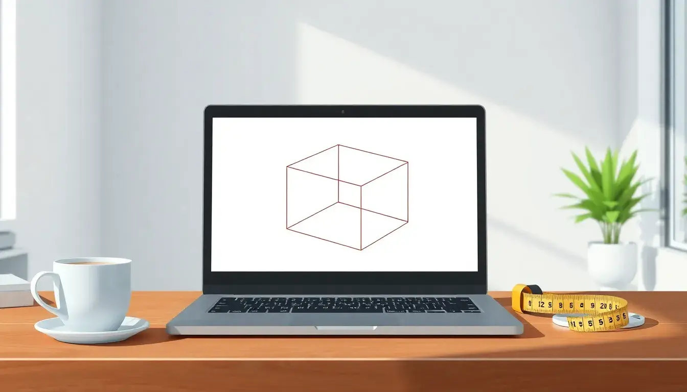 Computer portatile che mostra il calcolo metri cubi su una scrivania moderna
