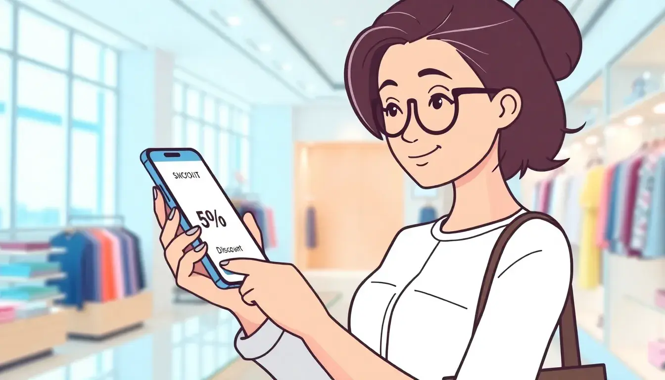 Persona che usa uno smartphone per il calcolo percentuale sconto in un negozio moderno.