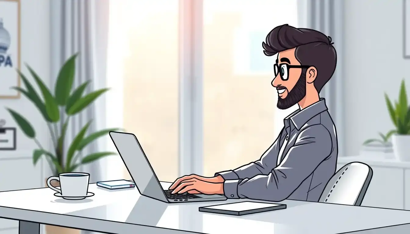 Freelancer calcola ritenuta d'acconto su laptop in ufficio moderno e luminoso.