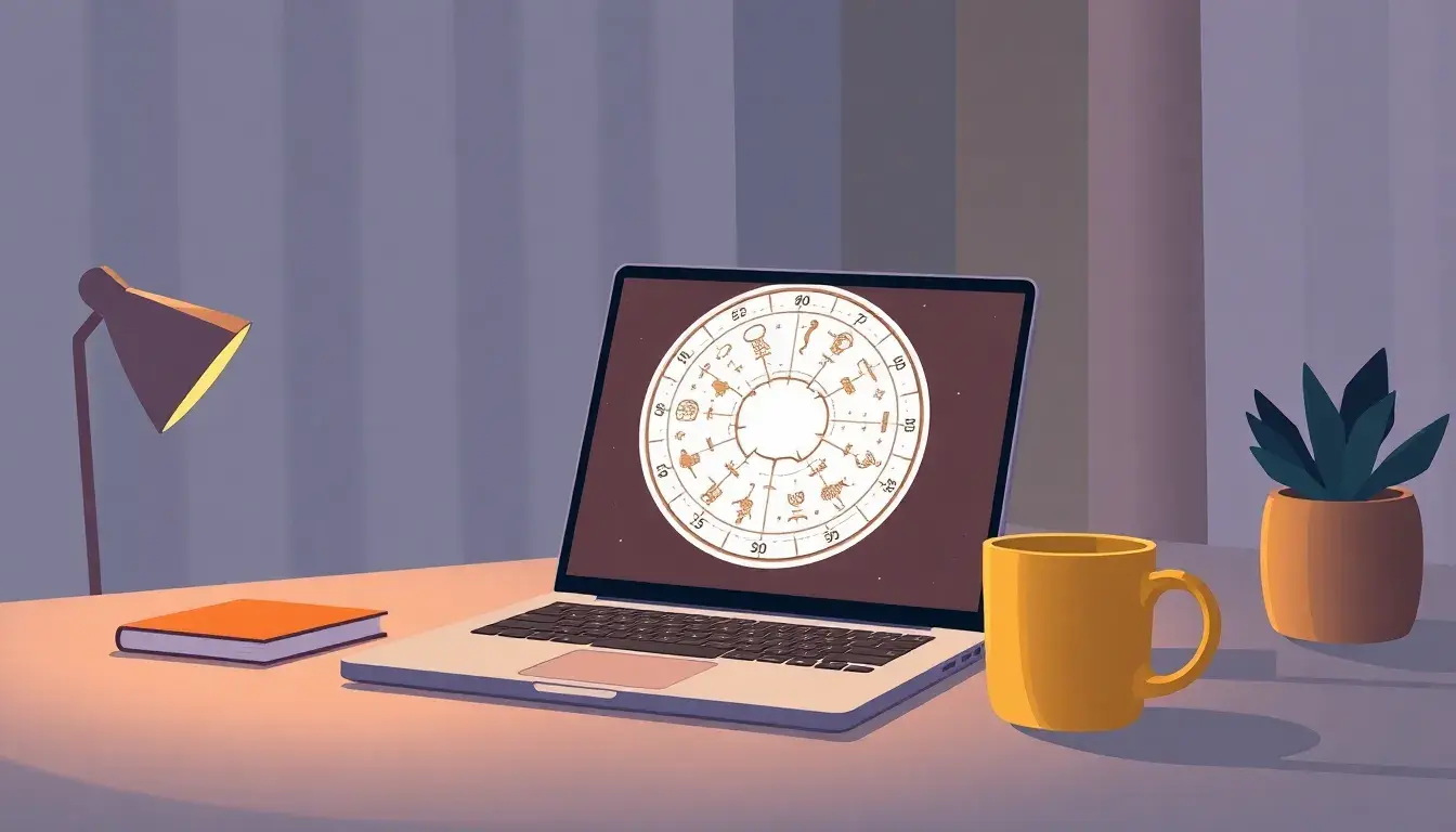 Mappa astrologica digitale su laptop per il calcolo segno zodiacale e ascendente.