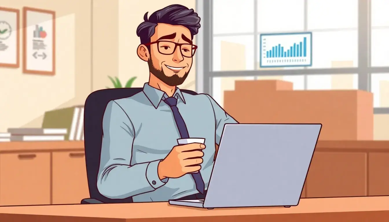 Professionista in ufficio moderno analizza il calcolo stipendio netto da lordo su laptop.