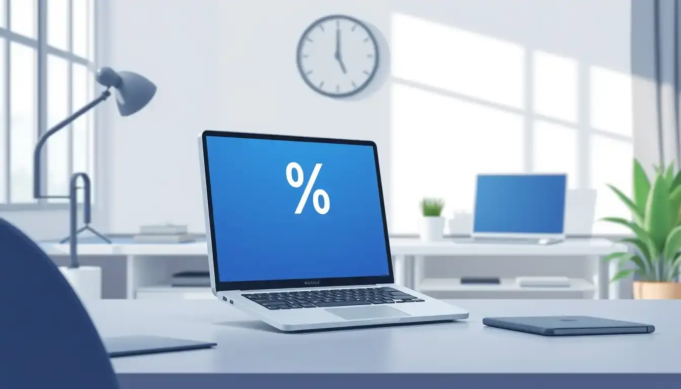 Computer portatile in ufficio moderno con simbolo percentuale sul monitor