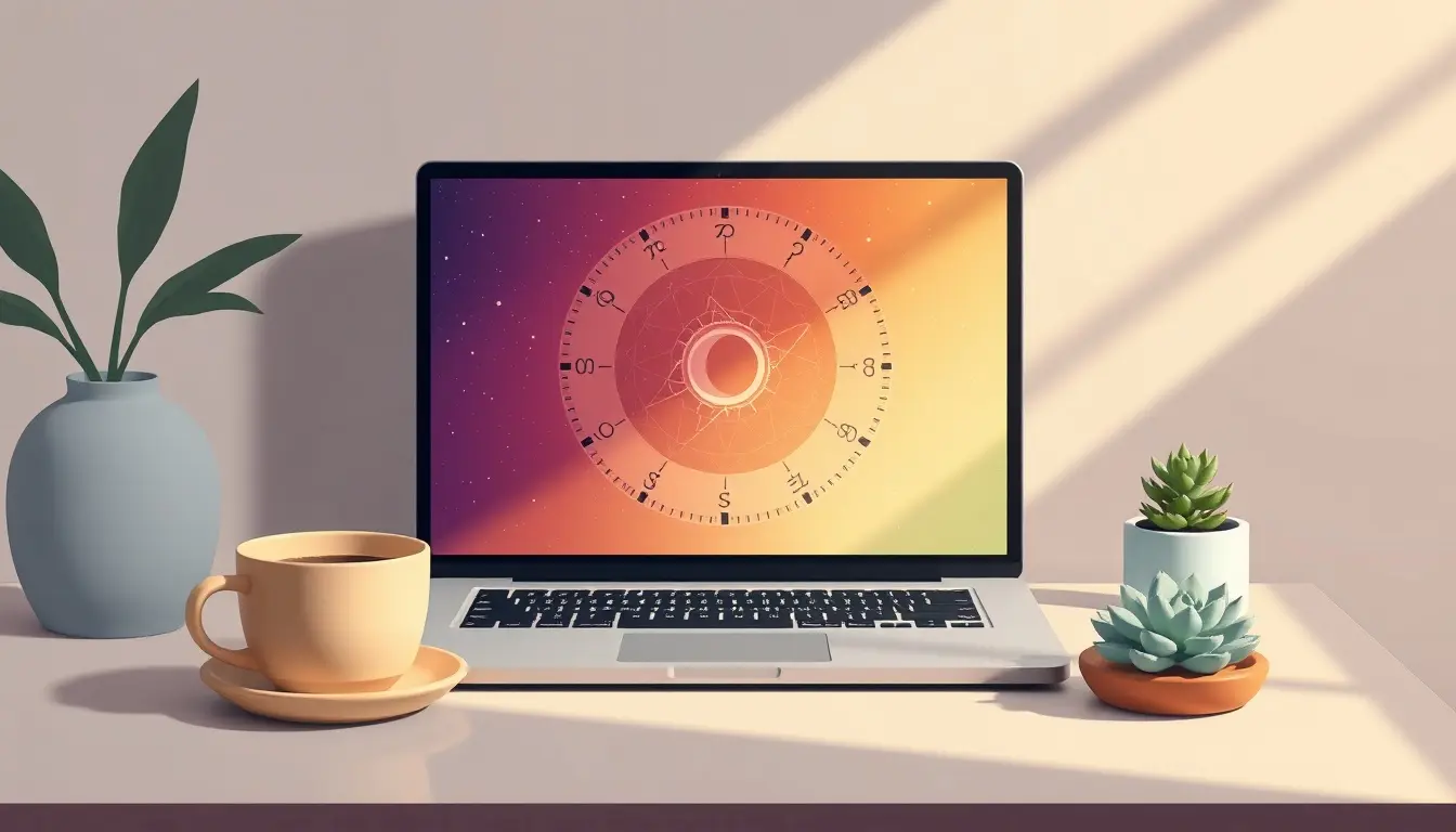 Schermo di un laptop che mostra una carta natale astrologica su una scrivania moderna.