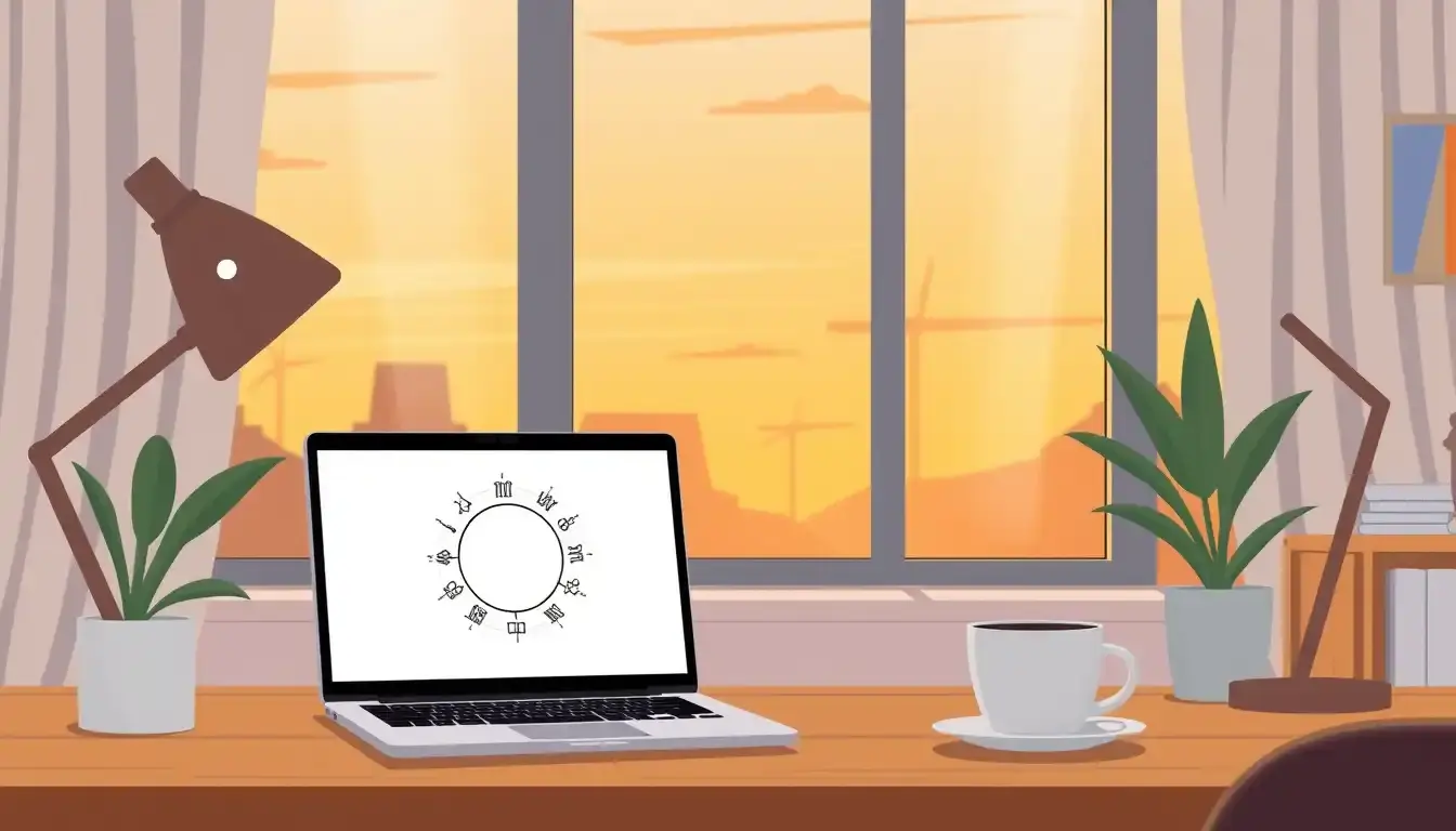 Computer portatile con grafico astrologico per il calcolo dell'ascendente gratis in un ufficio moderno.