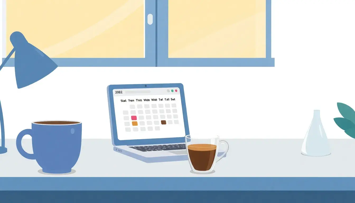 Calendario digitale su laptop per il calcolo giorni tra due date in ufficio moderno.