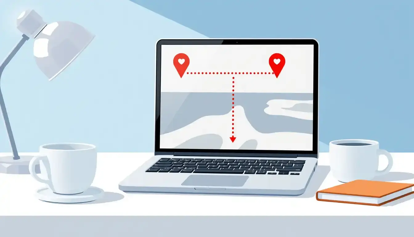 Schermo laptop con mappa digitale che calcola i chilometri di distanza tra città.