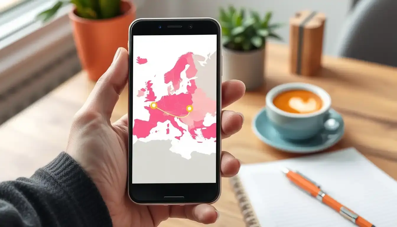 Mappa digitale su smartphone che mostra il calcola km di distanza tra due città.