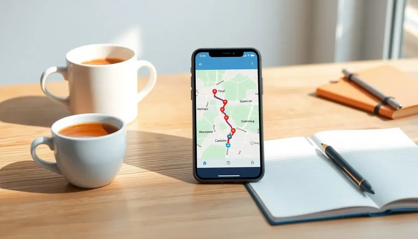 Mappa digitale su smartphone che calcola le distanze in km tra due punti geografici.