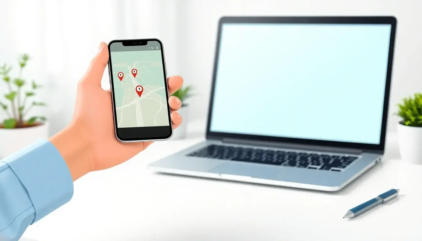 Persona che usa uno smartphone per calcolare chilometri di distanza tra due punti su una mappa digitale.
