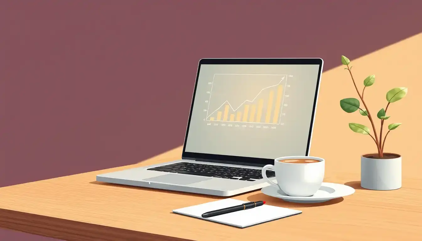Laptop con grafici finanziari per calcolare la rata mutuo su scrivania moderna