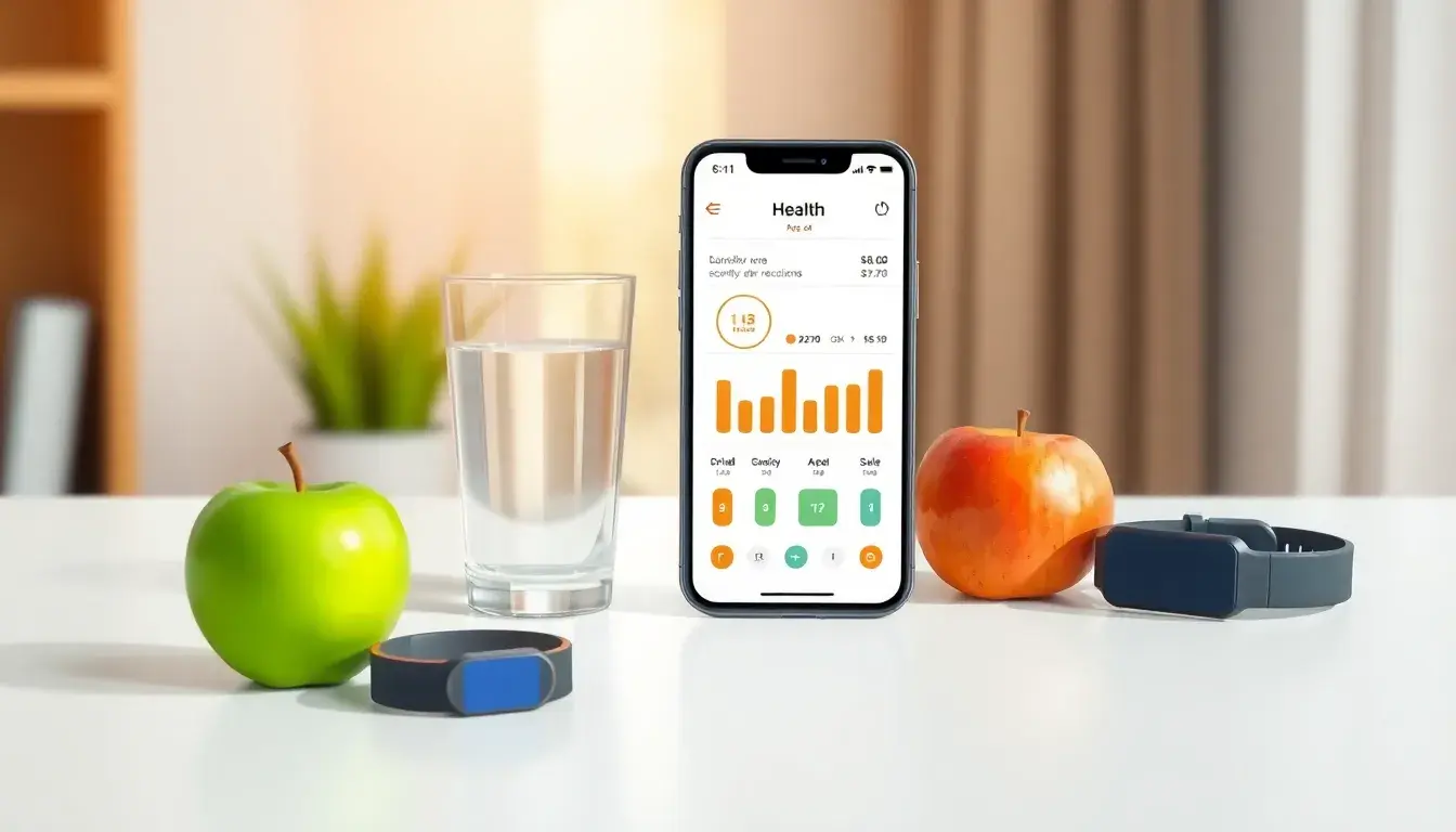 Smartphone con app per calcolare le calorie su una scrivania moderna