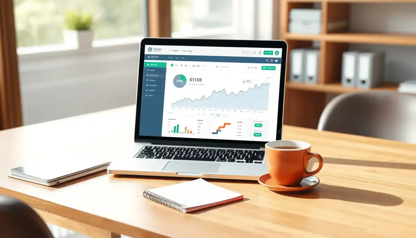 Interfaccia finanziaria su laptop per calcolare massimale con grafici e caffè