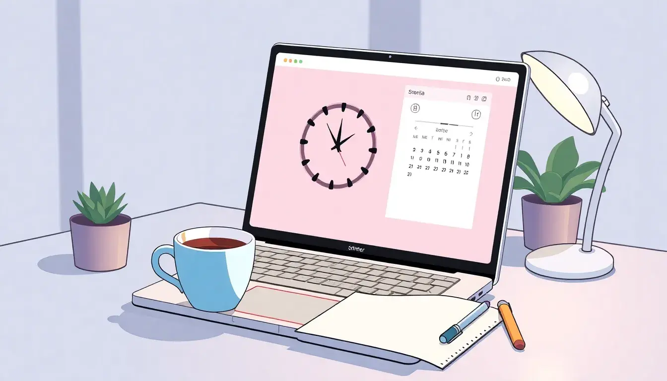 Laptop su scrivania con orologio digitale e calendario per calcolare ora
