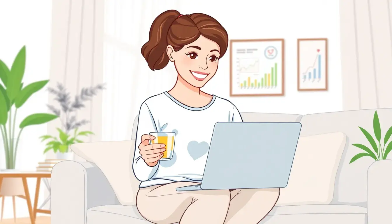 Donna sorridente che consulta dati sulla salute su un laptop moderno.