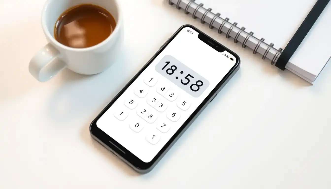 Smartphone che mostra un calcolatore di età su una scrivania moderna con caffè.