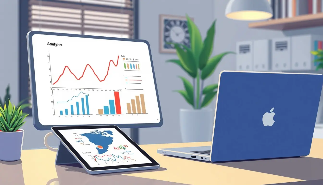 Tablet con grafici matematici e calcolatore di integrali in un ufficio moderno.