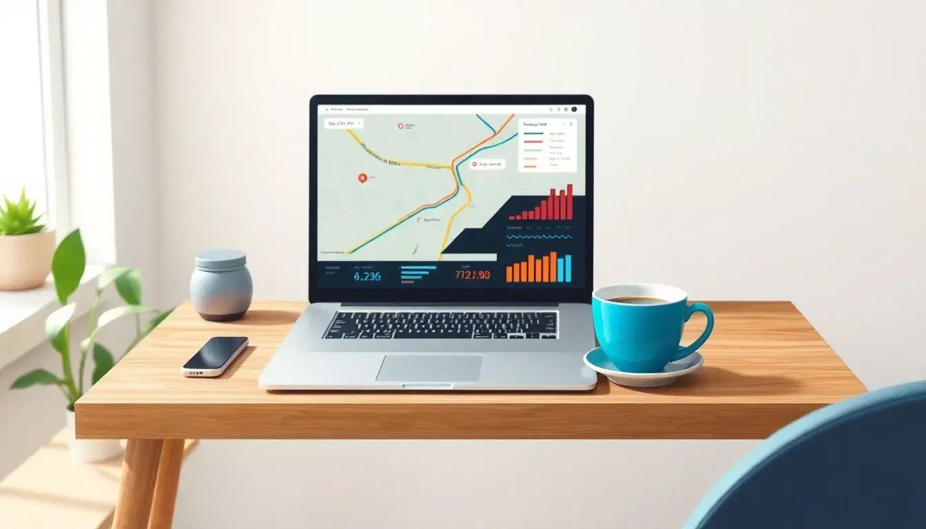 Laptop che mostra una mappa stradale e grafici per il calcolo costi viaggio.