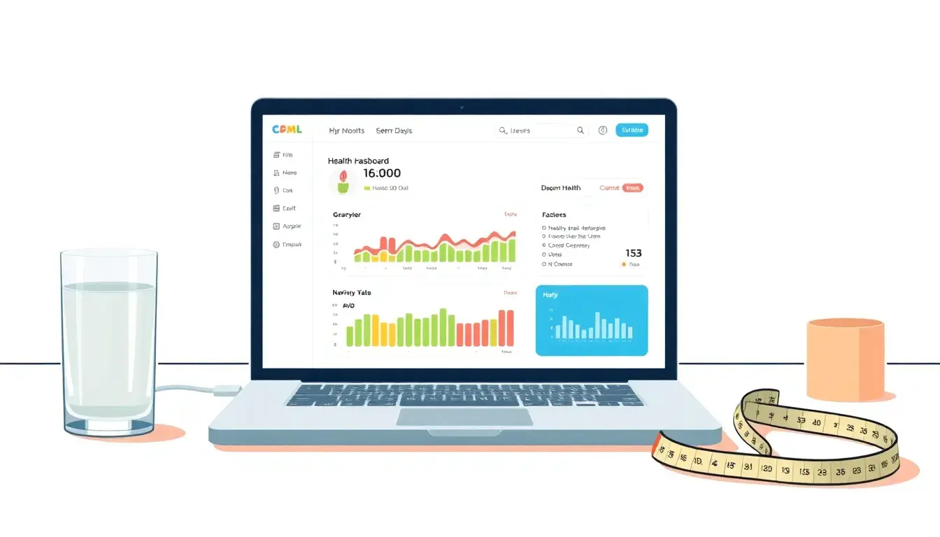 Laptop con dashboard salute e metro da sarta per calcolo peso ideale
