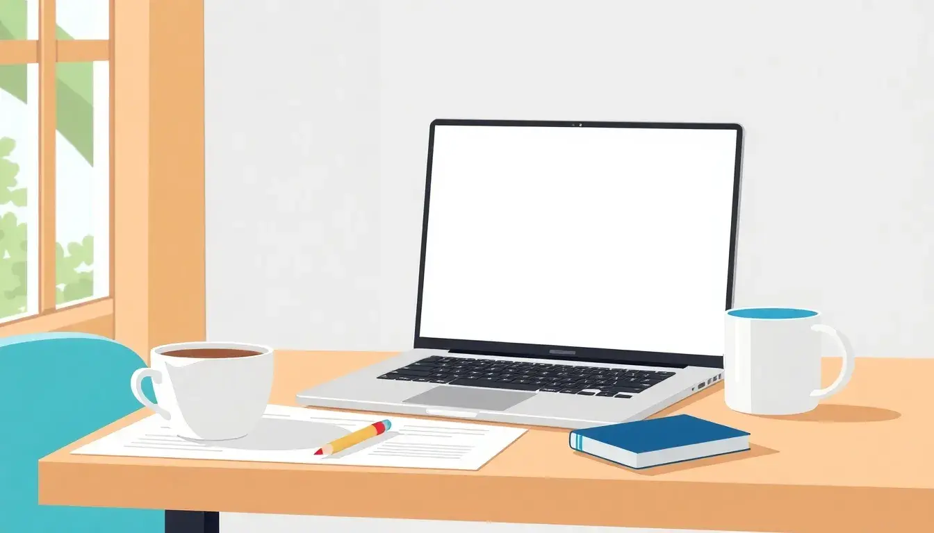 Schermo laptop con calcolatore di percentuali su scrivania ordinata con caffè.