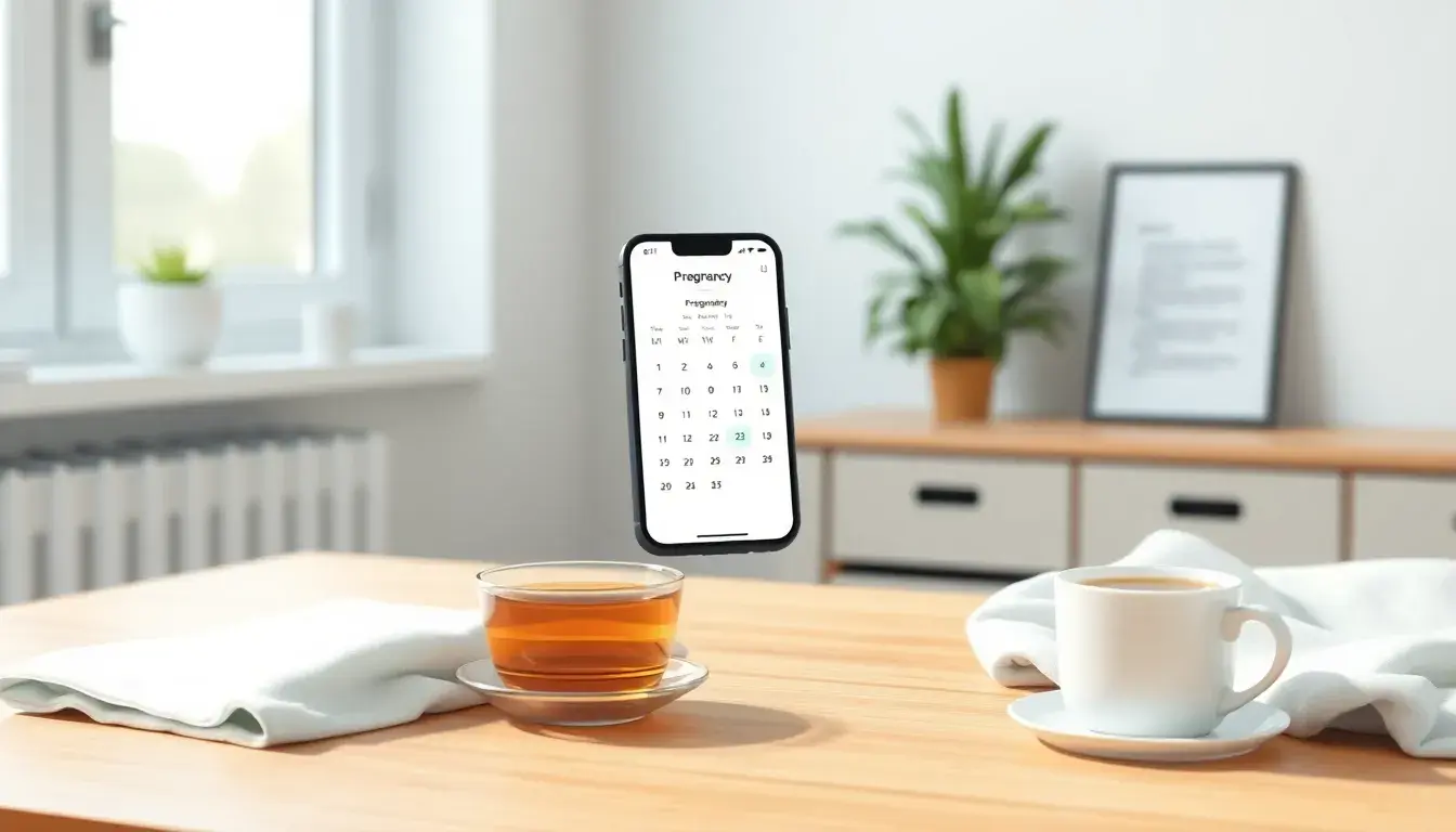Smartphone che mostra un'interfaccia di calendario per il calcolo gravidanza su una scrivania moderna.