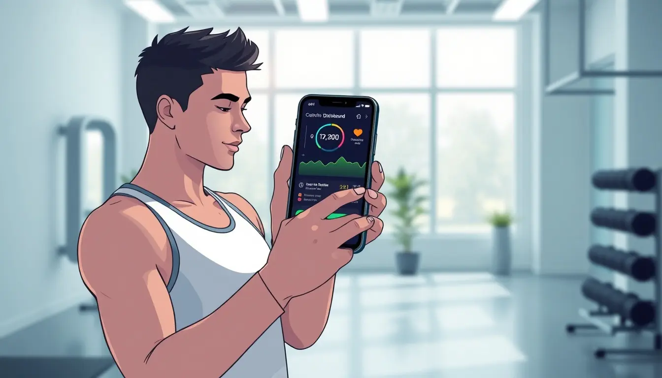 Persona in palestra che controlla il calcolo metabolismo basale sullo smartphone
