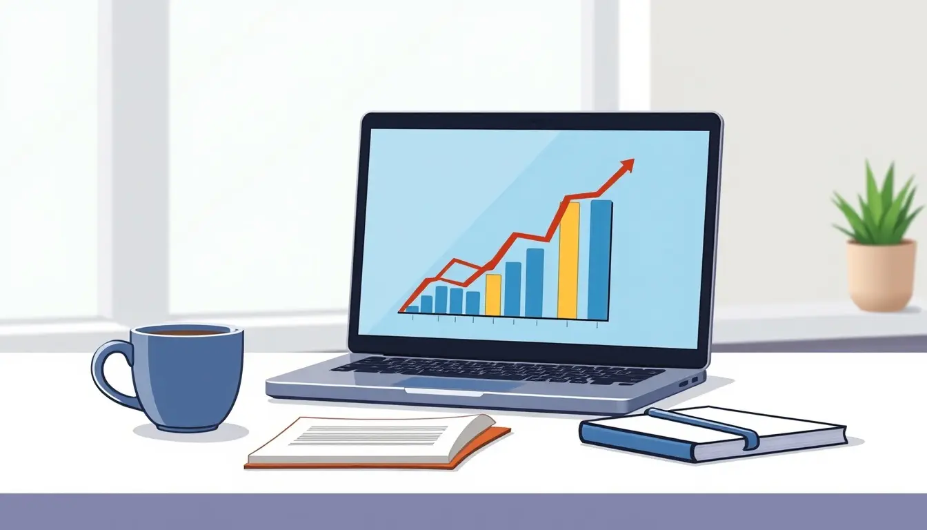 Laptop showing financial growth chart for calcolo TFR analysis on desk